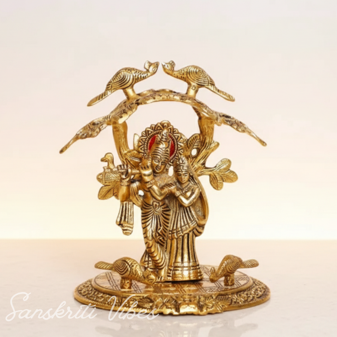 Radha Krishna Standing Playing Flute Under Tree – Metal Idol Statue with Gold Antique Finish by Sanskriti Vibes | Pooja & Home Decor