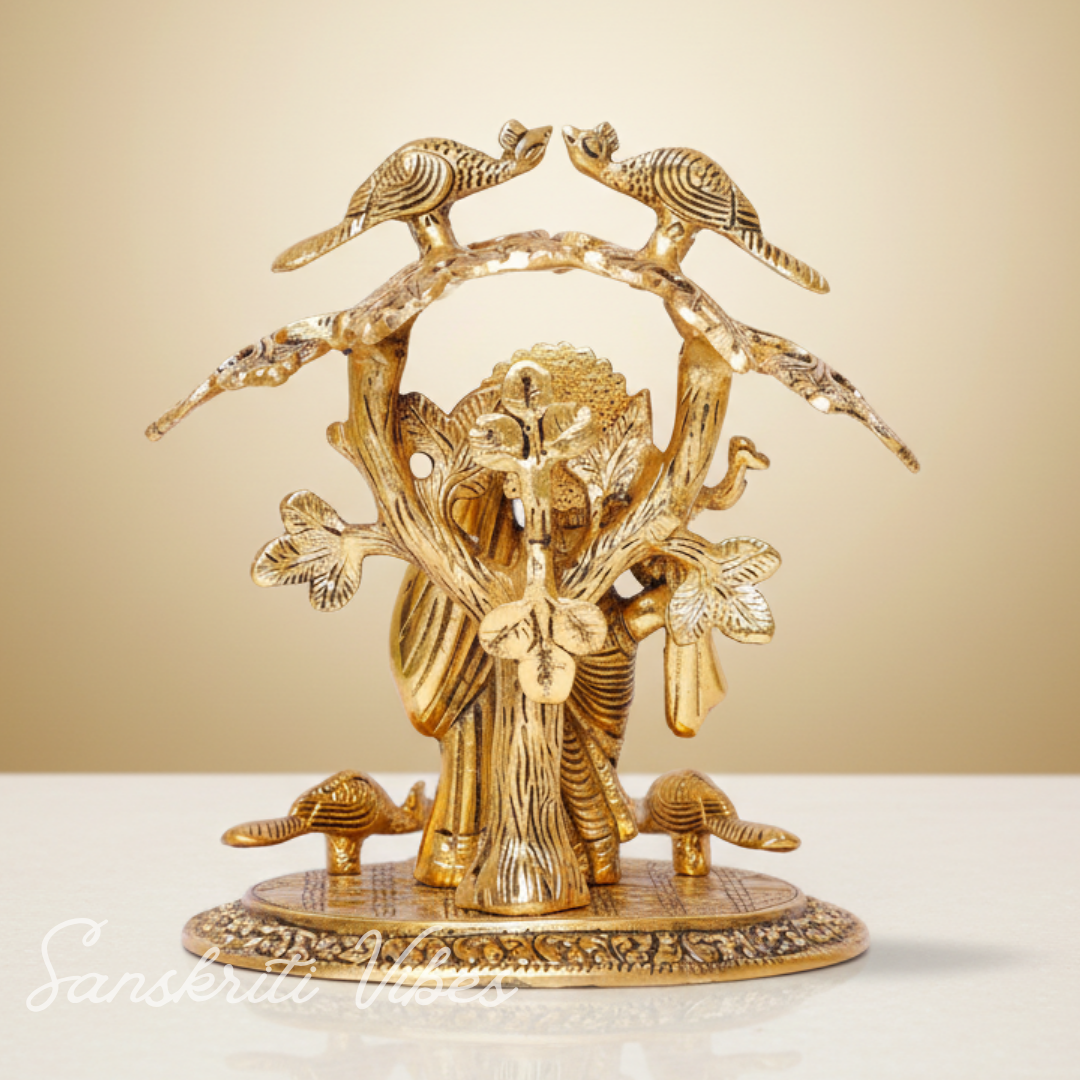 Radha Krishna Standing Playing Flute Under Tree – Metal Idol Statue with Gold Antique Finish by Sanskriti Vibes | Pooja & Home Decor