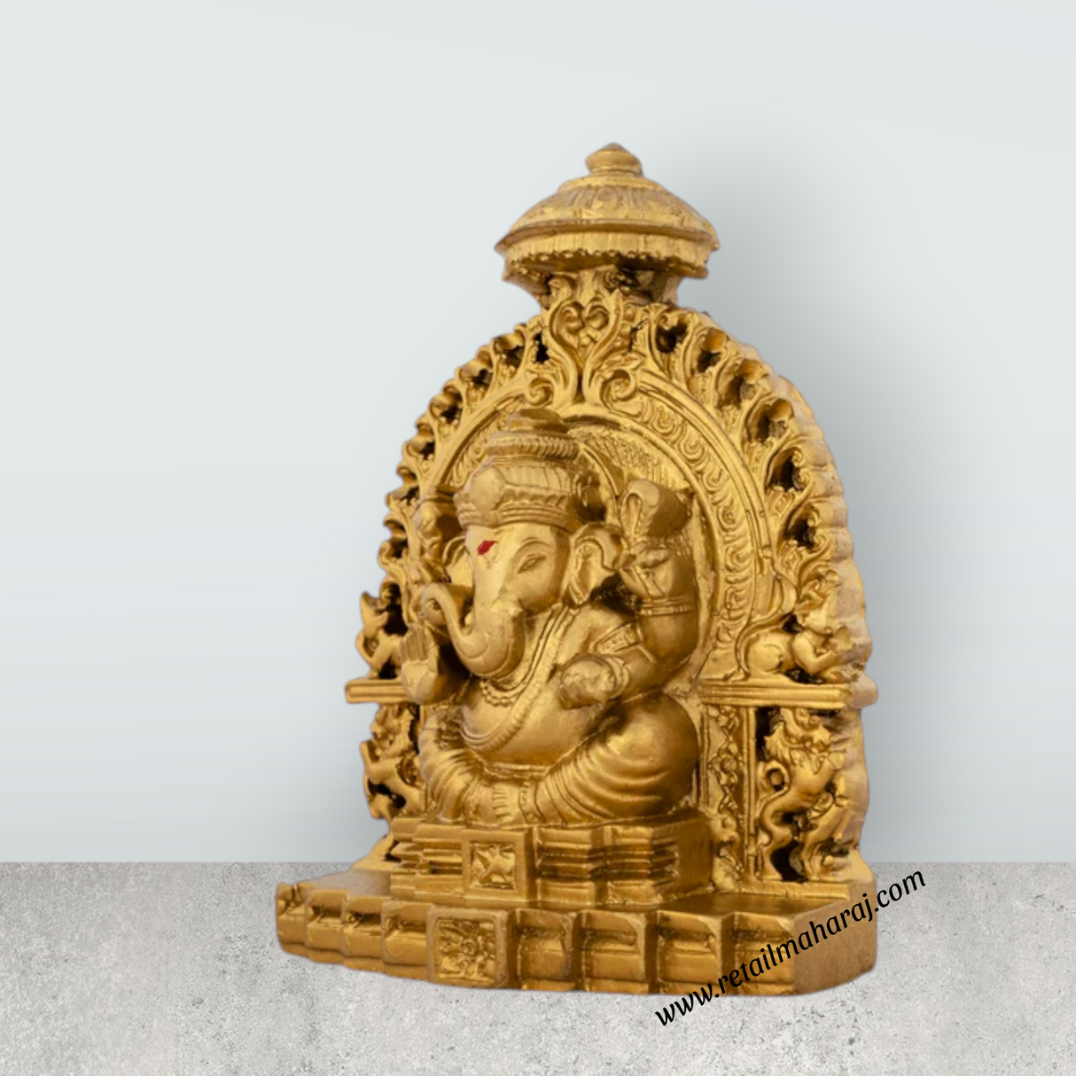 Ganesh Murti Sitting On Simhasan - 5 x 4 Inches | Resin Statue/ Gold Polish Vinayaka Idol for Pooja/ 320 Gms - Retail Maharaj