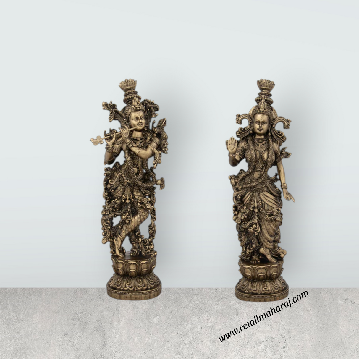 Radha Krishna Statue Pair - 14 x 4.5 Inches | Resin Statue/ Brass Polish Radha Krishna Idol for Pooja - Retail Maharaj