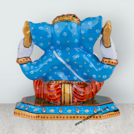 Ganesh Murti – Aluminium Vinayagar Statue Sitting On Chowki / Painted Ganpati Murti for Pooja (5 x 5 Inches) - Retail Maharaj
