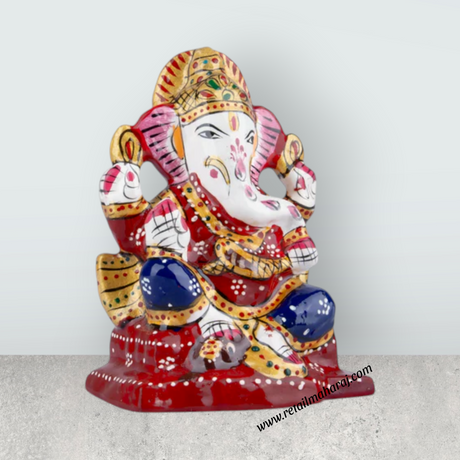 Ganesh Murti – Aluminium Vinayagar Statue Sitting On Chowki / Painted Ganpati Murti for Pooja (4 x 2.75 Inches) - Retail Maharaj