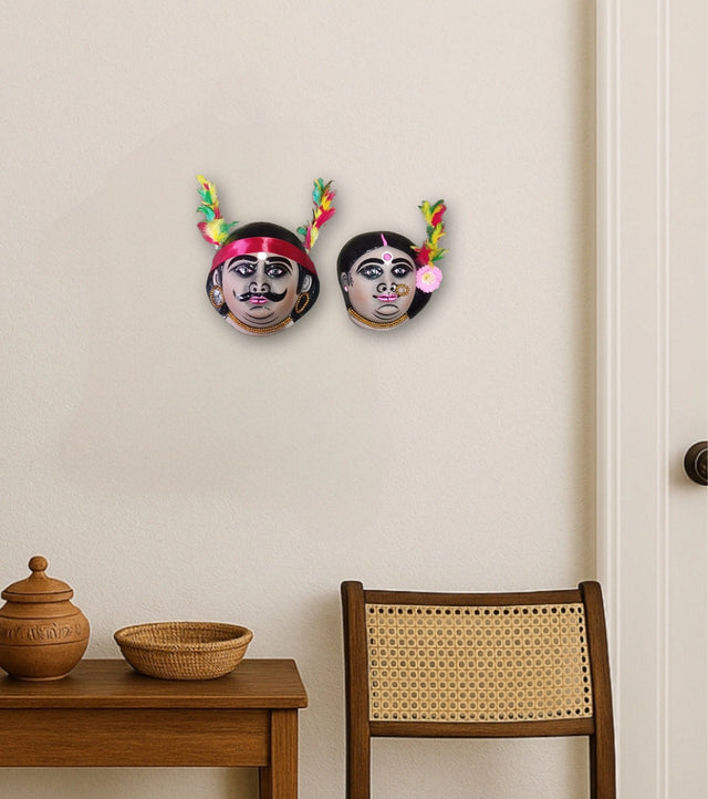 Raahr Bangla Jodi Mukhosh – Tribal Warrior & Bride Folk Masks | Handcrafted Purulia Art - Retail Maharaj