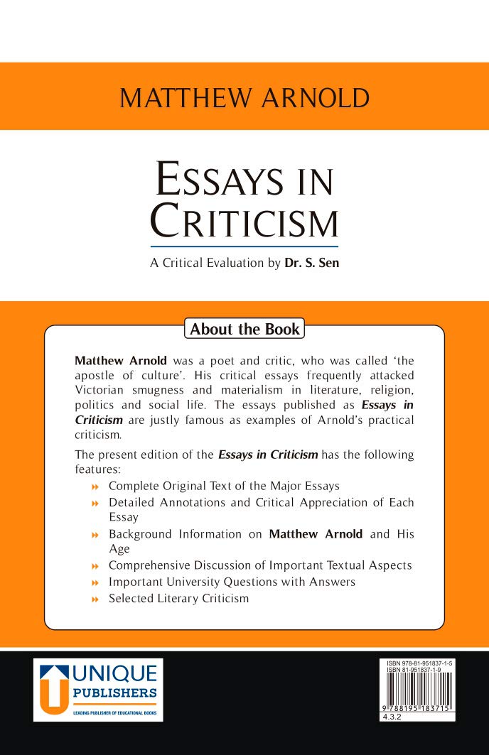 Essays in Criticism - Mathew Arnold (A Critical Analysis by Dr. S. Sen)