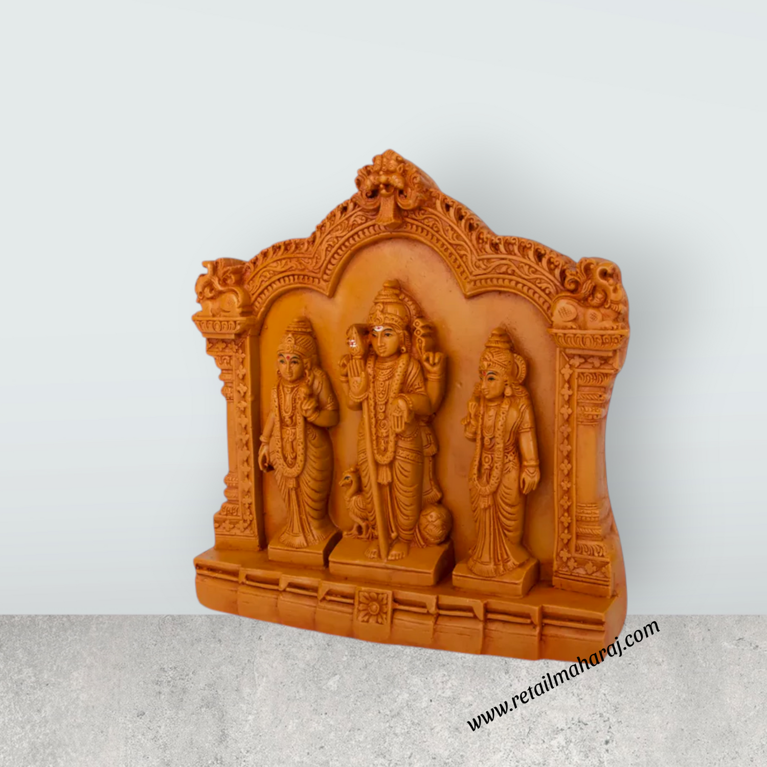 Murugar with Valli Deivanai Statue with Arch - 8 x 8 Inches | Wooden Polish Murugan Valli Deivanai Statue for Pooja