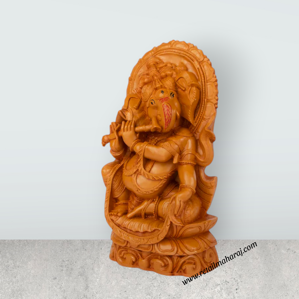 Ganesh Statue - 13 x 6.4 Inches | Wooden Polish Lord Ganesha Playing Flute Idol / Ganesh Idol for Pooja - Retail Maharaj