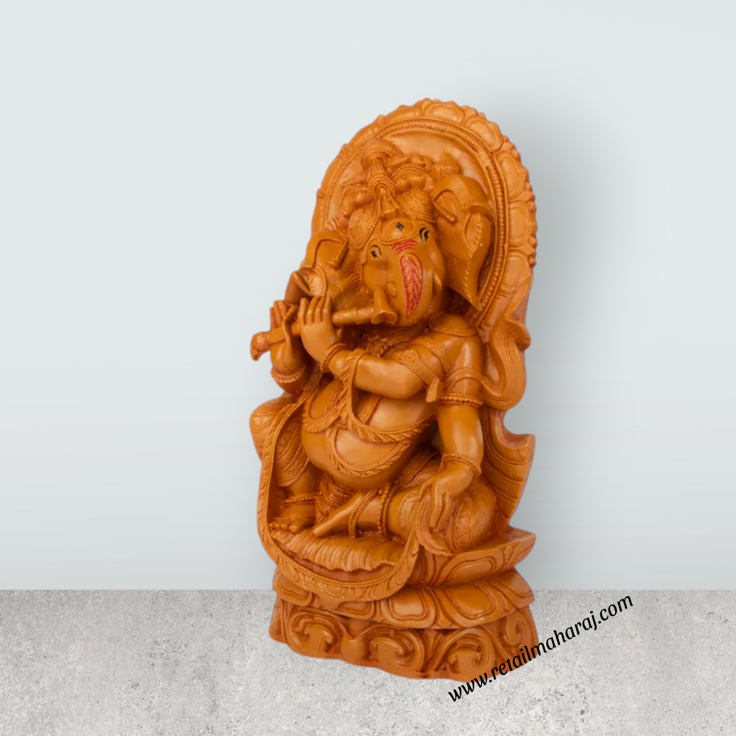 Ganesh Statue - 13 x 6.4 Inches | Wooden Polish Lord Ganesha Playing Flute Idol / Ganesh Idol for Pooja - Retail Maharaj