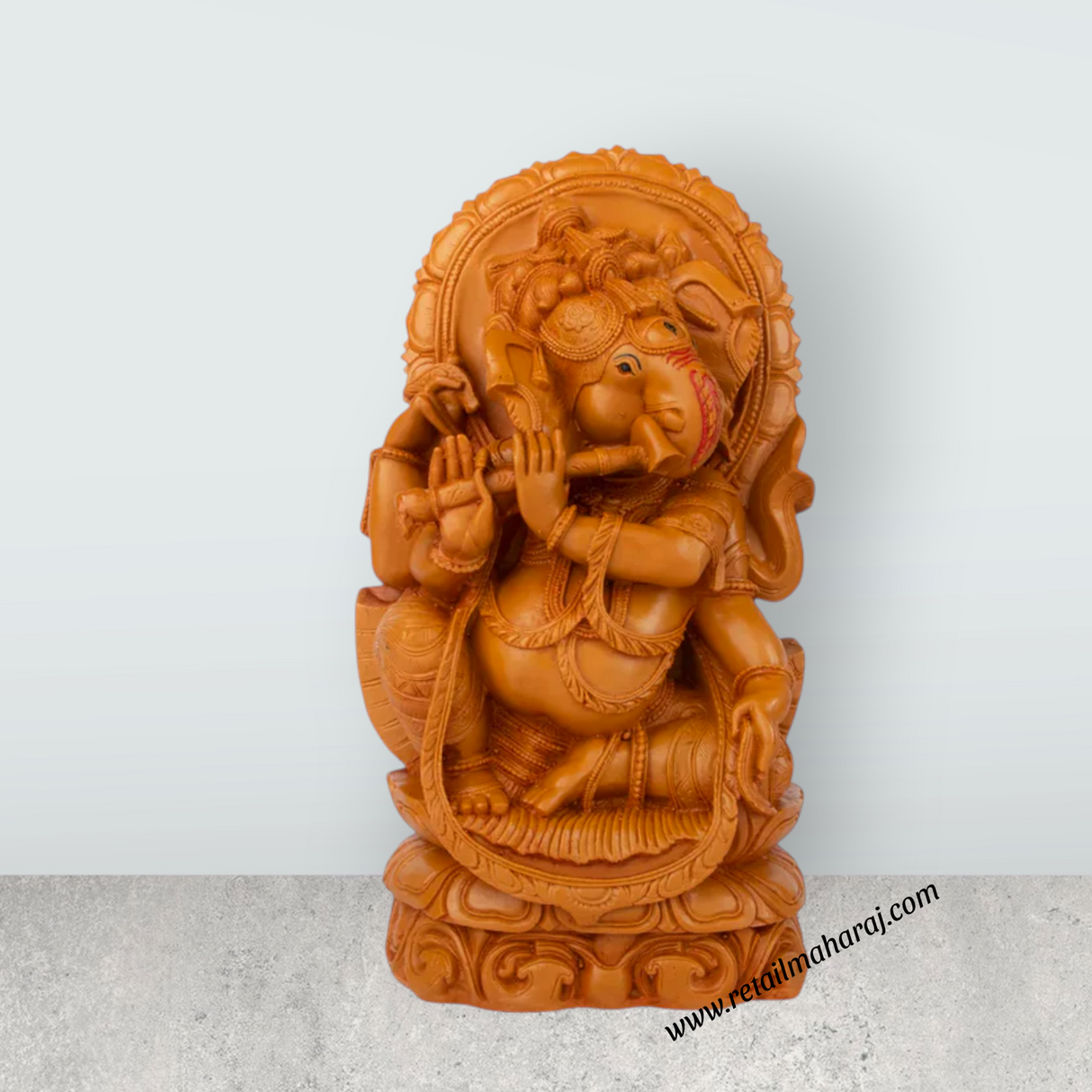 Ganesh Statue - 13 x 6.4 Inches | Wooden Polish Lord Ganesha Playing Flute Idol / Ganesh Idol for Pooja - Retail Maharaj