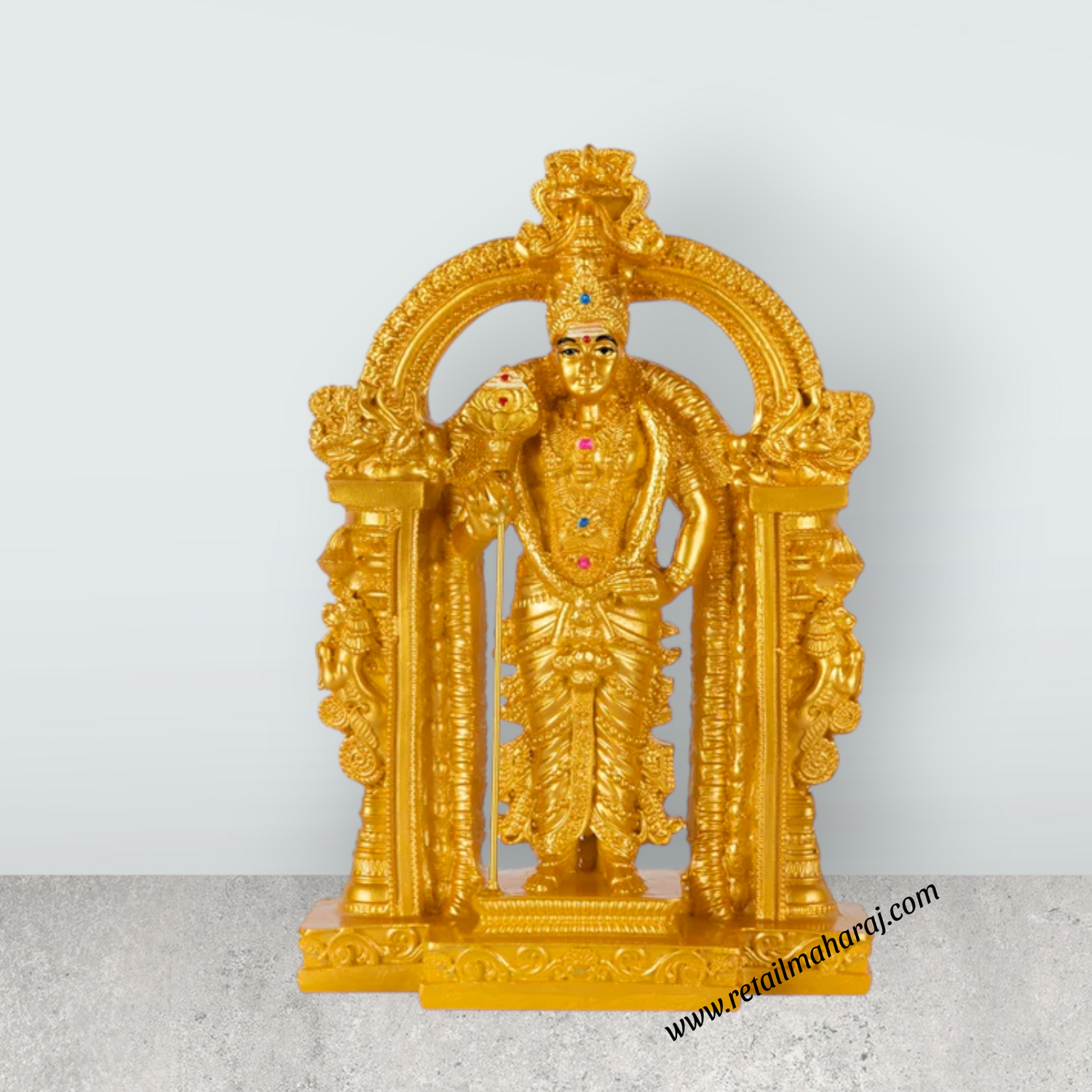 Murugan Statue With Arch - 8.75 x 5.75 Inches | Resin Kartikeya Statue/ Gold Polish Murugan Idol for Worship - Retail Maharaj