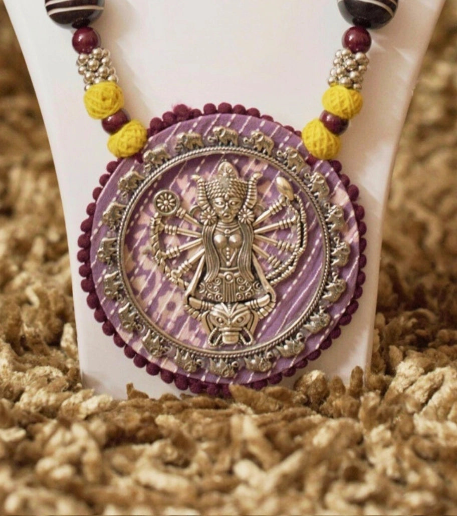 Goddess Durga Handcrafted Necklace Set – Oxidized Metal Pendant with Terracotta Beads & Floral Earrings