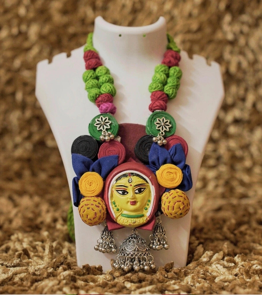 Handcrafted Devi Face Fabric Necklace – Multicolor Terracotta Pendant with Oxidized Jhumkas