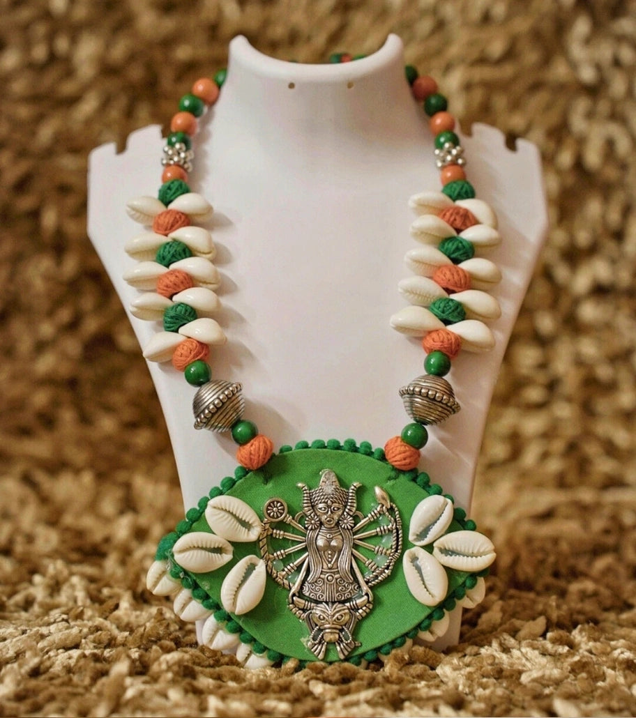 Tribal Cowrie Shell Durga Necklace | Handcrafted Green Fabric Necklace with Durga Motif & Cowrie Shells