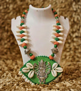 Tribal Cowrie Shell Durga Necklace | Handcrafted Green Fabric Necklace with Durga Motif & Cowrie Shells