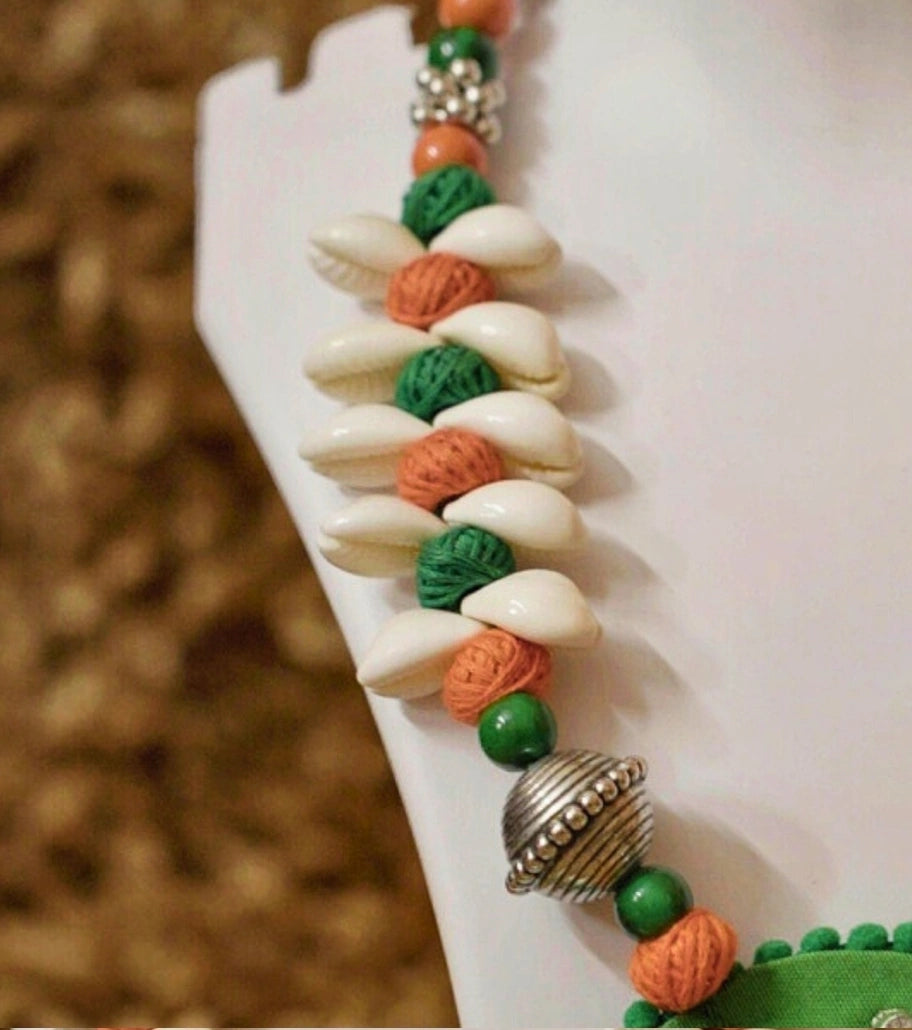 Tribal Cowrie Shell Durga Necklace | Handcrafted Green Fabric Necklace with Durga Motif & Cowrie Shells