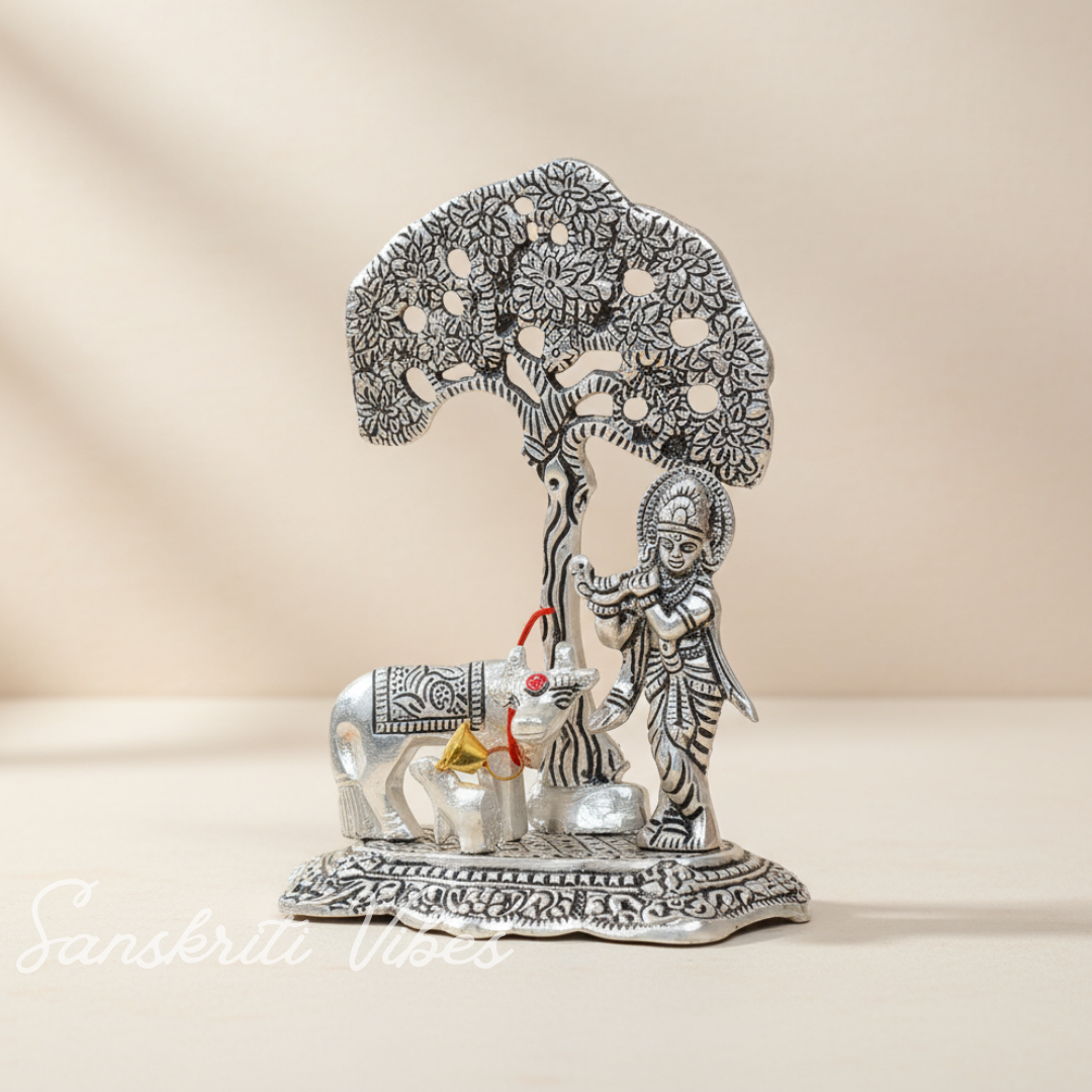 Metal Krishna Idol with Kamdhenu Cow Standing Under Tree – Decorative Showpiece Figurine for Pooja & Home Temple by Sanskriti Vibes | Glossy Finish