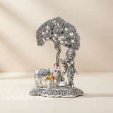 Metal Krishna Idol with Kamdhenu Cow Standing Under Tree – Decorative Showpiece Figurine for Pooja & Home Temple by Sanskriti Vibes | Glossy Finish