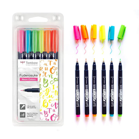 Tombow Fudenosuke Neon Brush Pen Set – 6 Pack for Vibrant Calligraphy and Drawing - Retail Maharaj