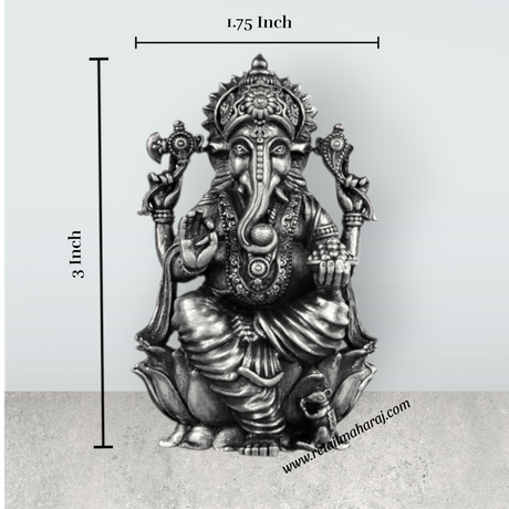 Ganesh Murti Sitting On Lotus - 3 x 1.75 Inches | Silver Ganpati Murti/ Antique Polish Vinayaka Idol for Pooja - Retail Maharaj