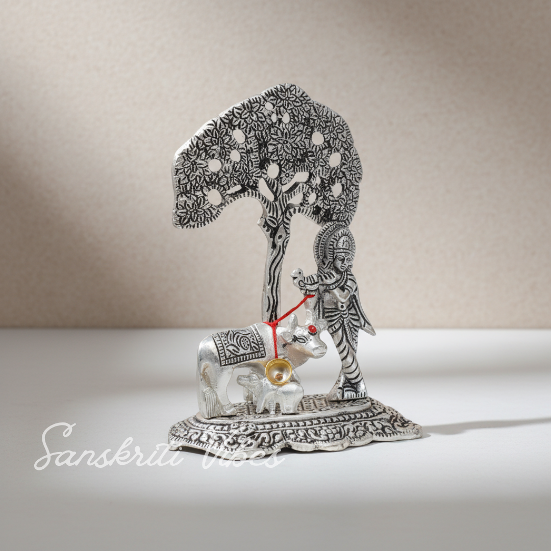 Metal Krishna Idol with Kamdhenu Cow Standing Under Tree – Decorative Showpiece Figurine for Pooja & Home Temple by Sanskriti Vibes | Glossy Finish