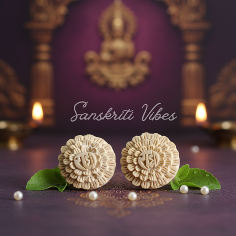 Radha Named Flower Design Tulsi Studs – 15mm Sacred Tulsi Wood Earrings for Shri Radha Devotees - Retail Maharaj
