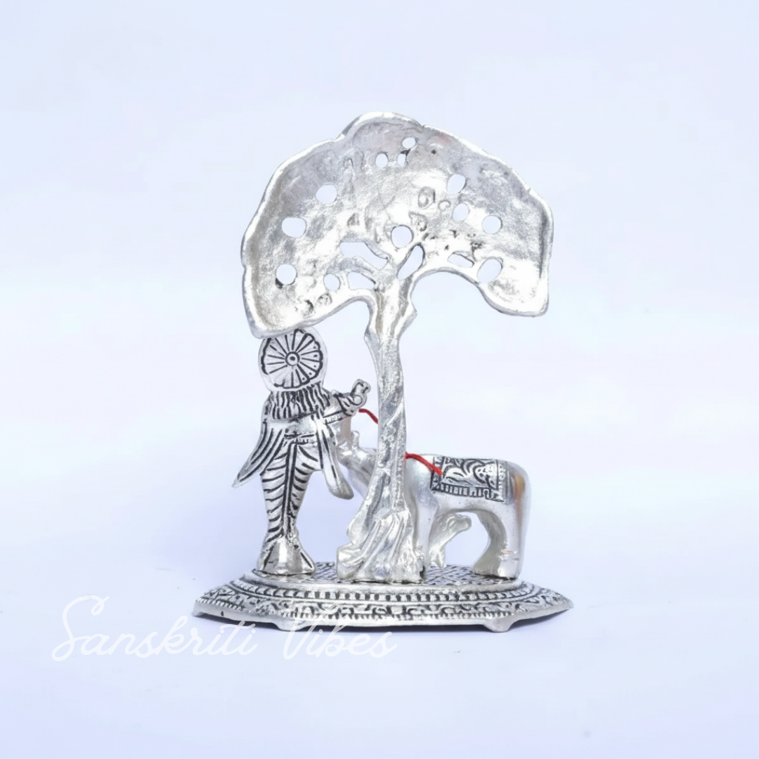 Metal Krishna Idol with Kamdhenu Cow Standing Under Tree – Decorative Showpiece Figurine for Pooja & Home Temple by Sanskriti Vibes | Glossy Finish