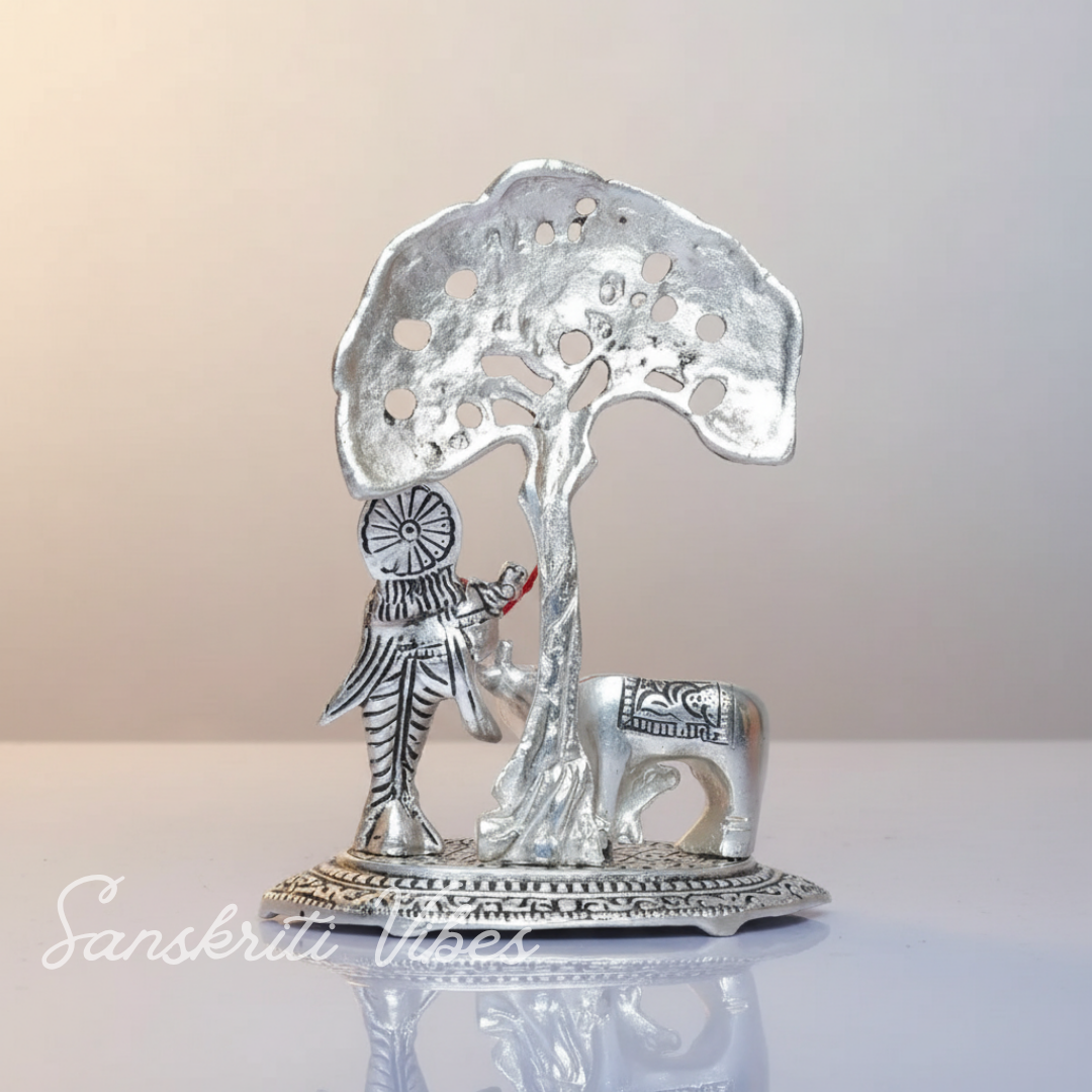 Metal Krishna Idol with Kamdhenu Cow Standing Under Tree – Decorative Showpiece Figurine for Pooja & Home Temple by Sanskriti Vibes | Glossy Finish