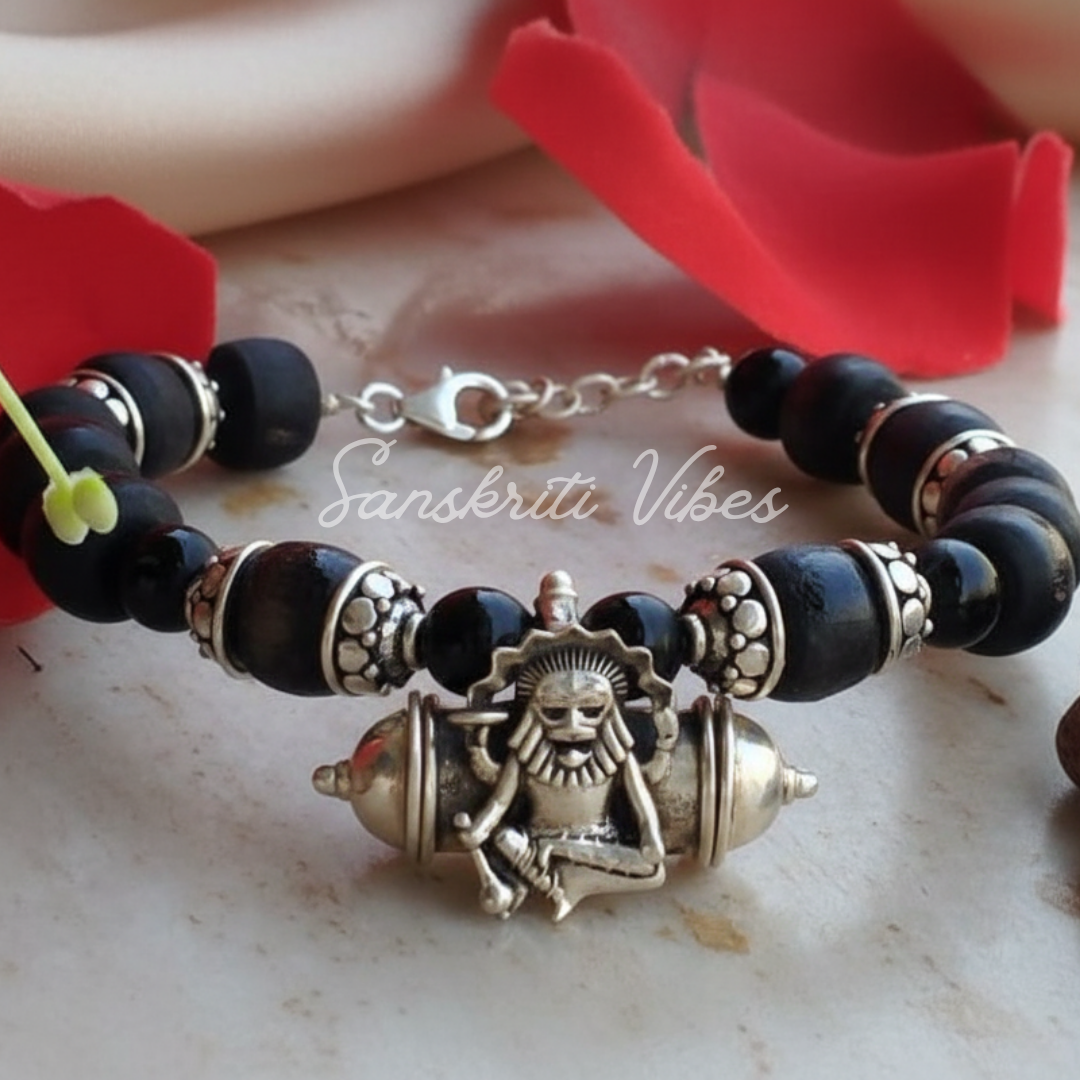 Pure Tulsi Special Narasimha Strong Kavach Silver Bracelet – Adjustable 92.5% Silver with Black Tulsi Beads