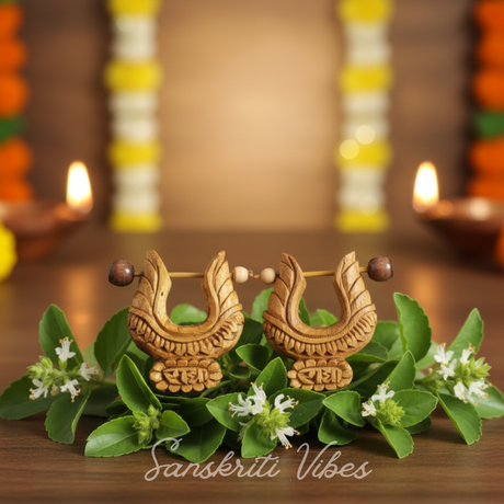 Radha Naam Tulsi Earrings Set – 35mm x 25mm Sacred Tulsi Wood Studs for Shri Radha Devotees - Retail Maharaj
