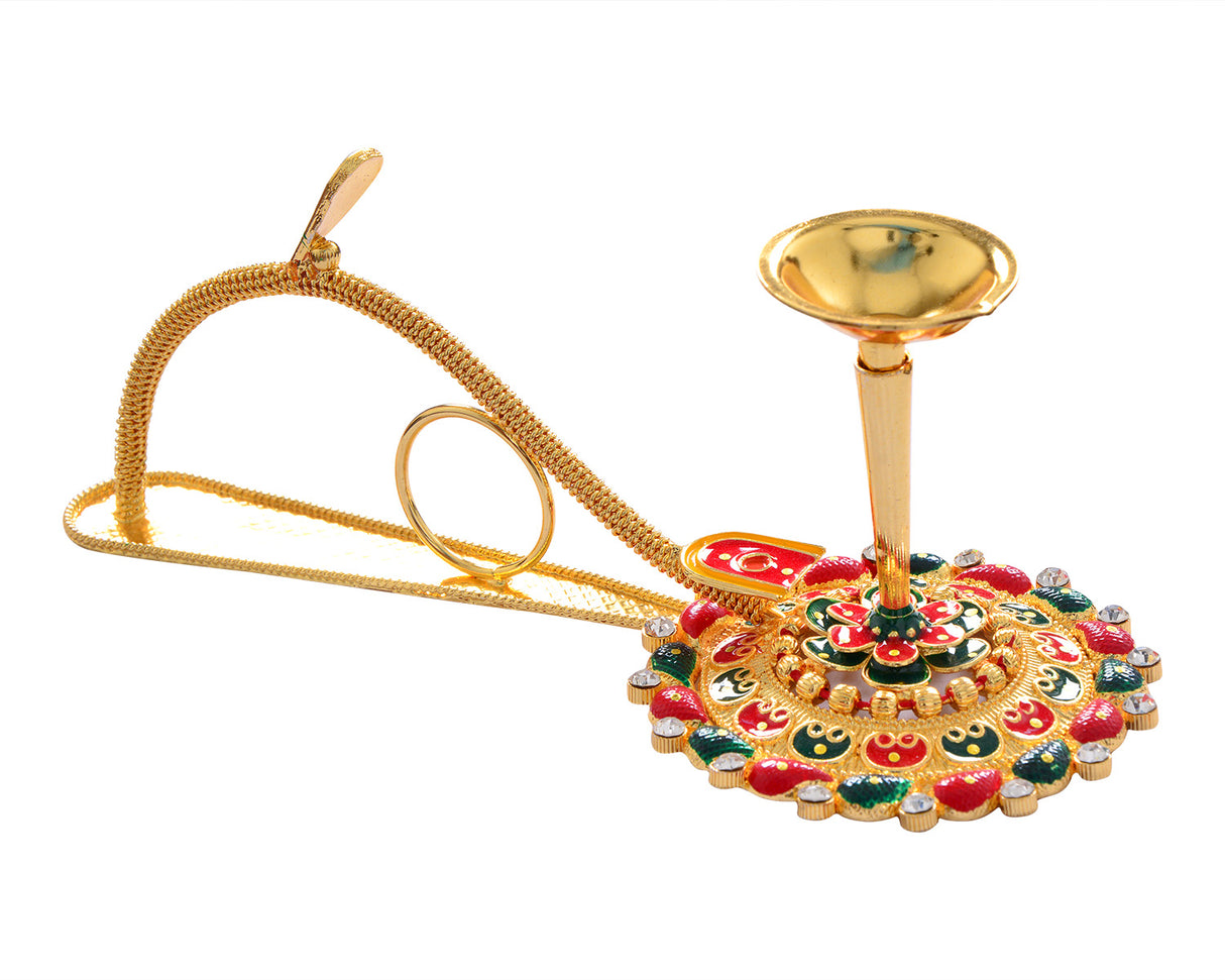 Pooja Diya Aarti Metal Stand – Ornamental Diya for Wick Balls & Sticks
