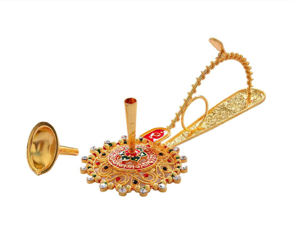 Pooja Diya Aarti Metal Stand – Diya for Wick Sticks with Ornate Design