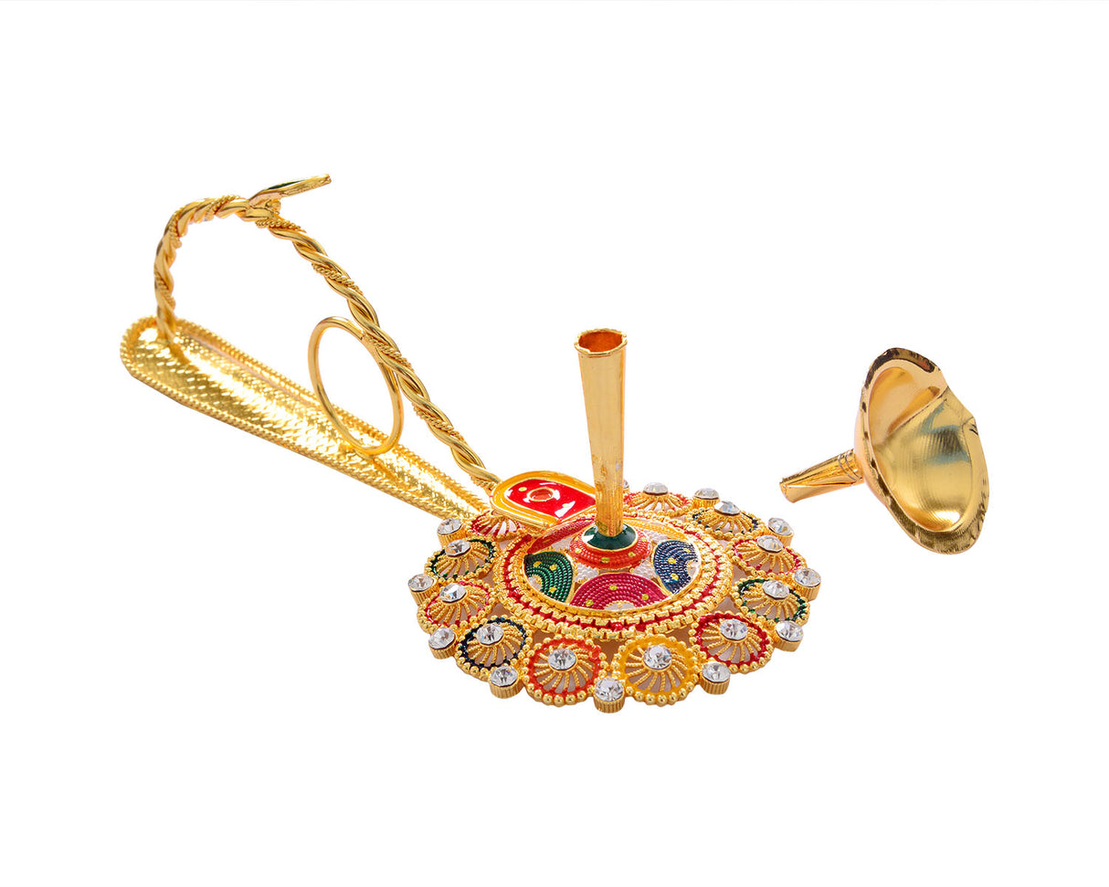 Pooja Diya Aarti Metal Stand – Ornate Diya for Wick Sticks