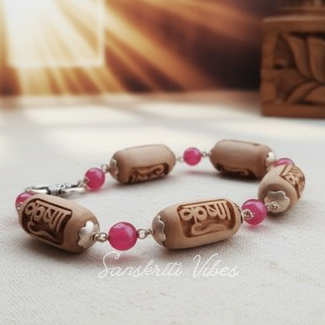 Krishna Carving Silver Bracelet with Original Pearls – Elegant and Spiritual Jewelry