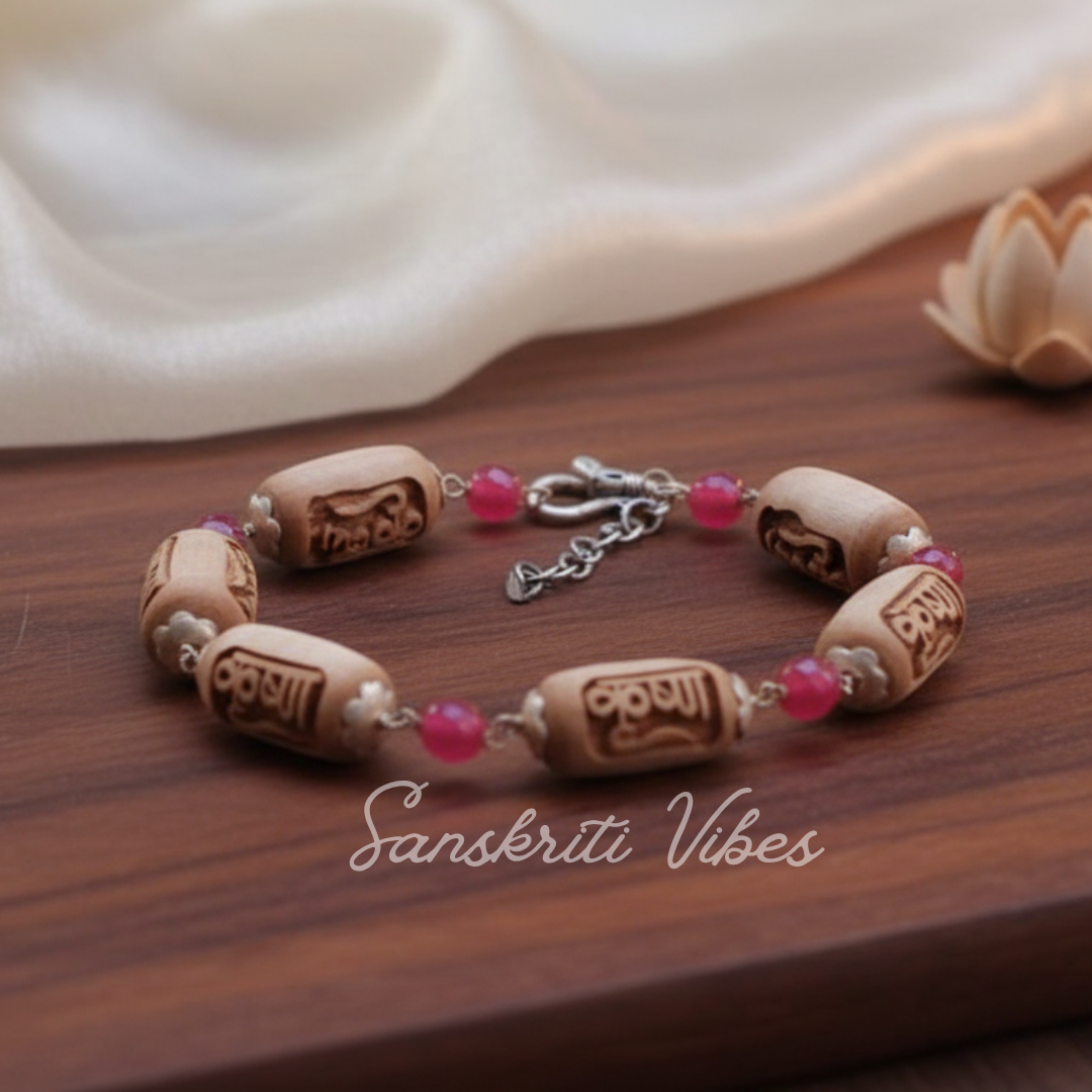 Krishna Carving Silver Bracelet with Original Pearls – Elegant and Spiritual Jewelry