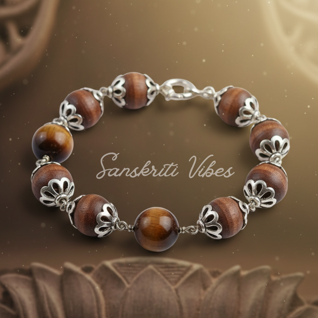 Tulsi Beads with Tiger Ball Bracelet in Silver Cap – 92.5% Silver with 12mm Beads