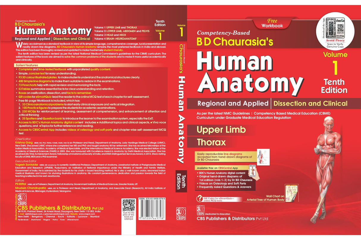 Bd Chaurasias Human Anatomy - 10Ed Vol 1 Regional And Applied Dissection And Clinical Upper Limb Thorax With Free Workbook And Ebooks (Pb 2025)