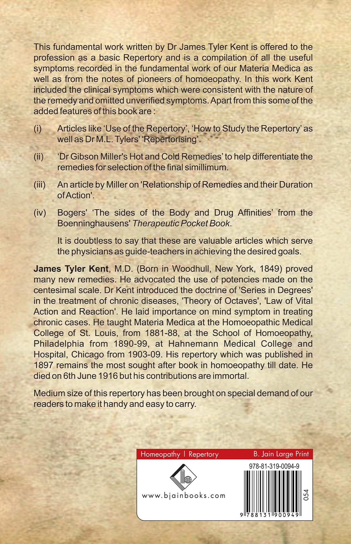 Repertory of the Homoeopathic Materia Medica - Includes Life Sketch of Dr J.T. Kent - Retail Maharaj