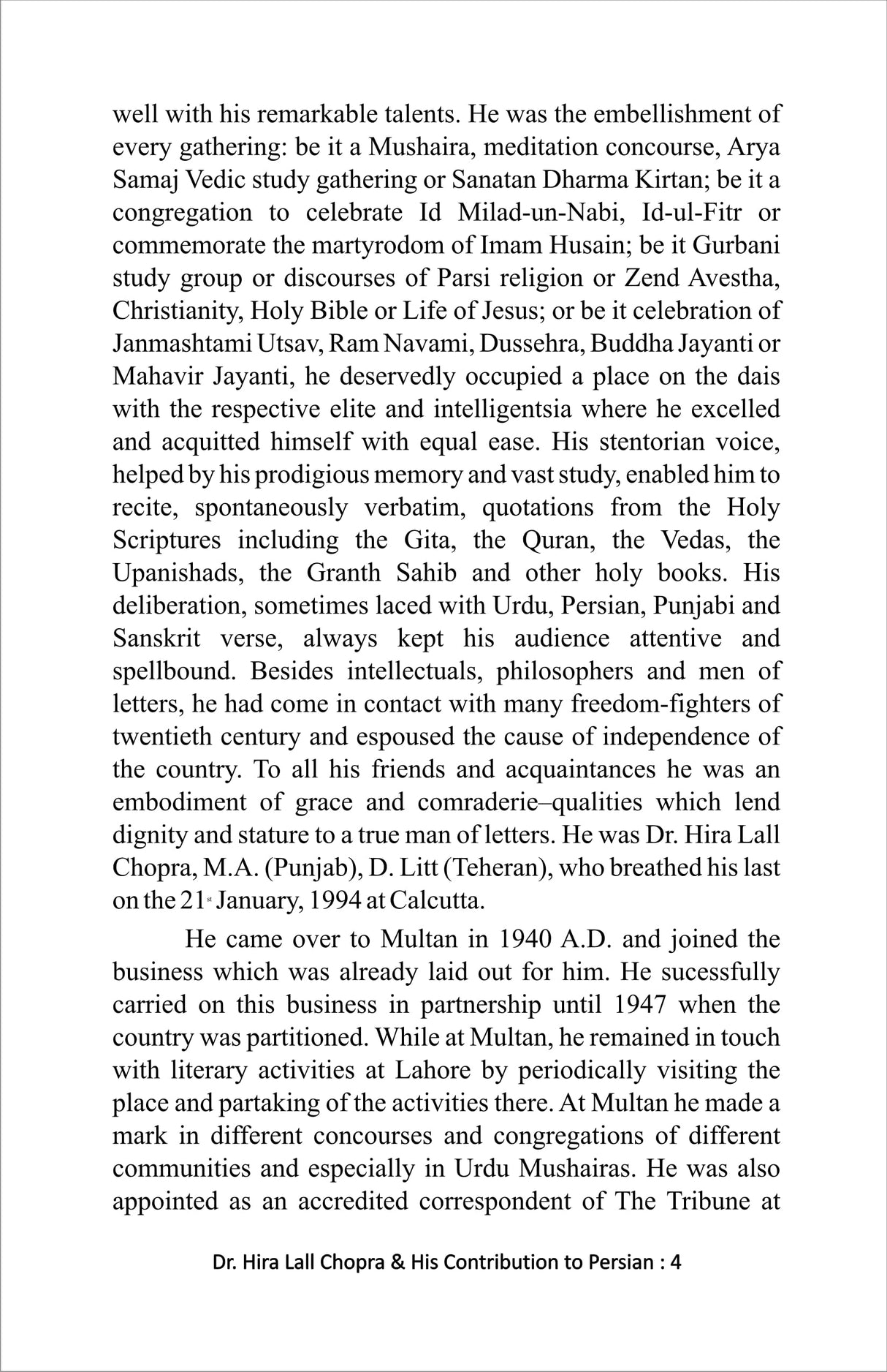 A Critical Study Of Dr Hira Lall Chopra & His Contribution to Persian Language and Literature [Hardcover] SK MD Hafijur