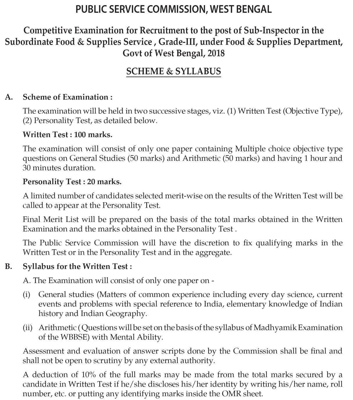 WBPSC SUB INSPECTOR OF FOOD & SUPPLIES SERVICES Techno Tutor - Retail Maharaj