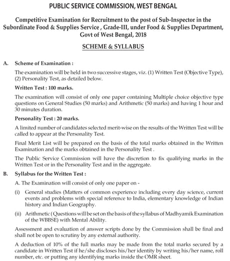 WBPSC SUB INSPECTOR OF FOOD & SUPPLIES SERVICES Techno Tutor - Retail Maharaj