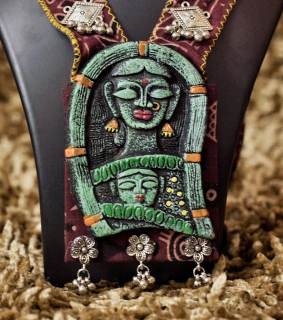 Tribal Muse Statement Necklace Set – Handcrafted Folk Art Pendant with Terracotta, Fabric, and Beads