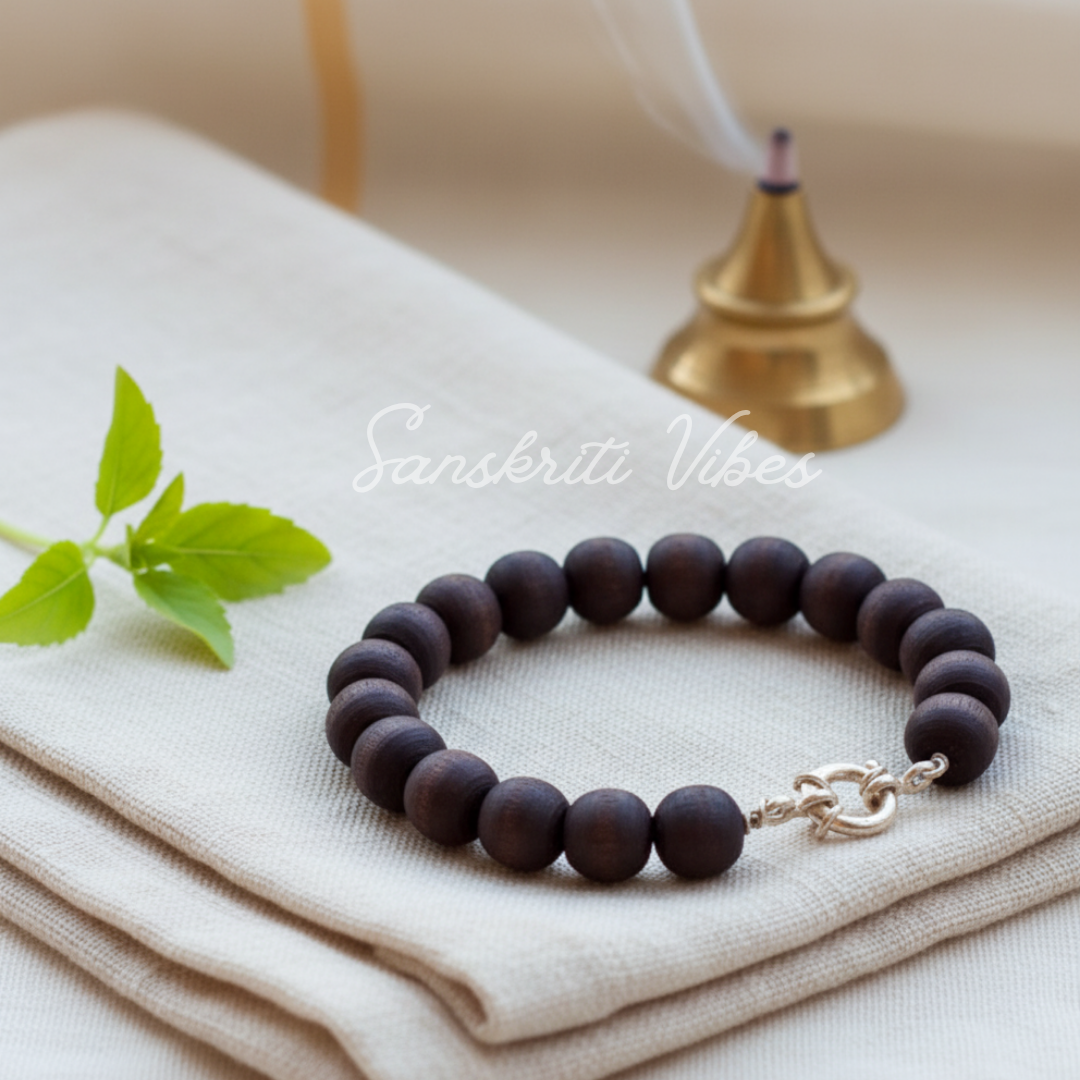Natural Dark Brown Shyama Tulsi Beads Handmade Bracelet – Spiritual and Authentic Jewelry