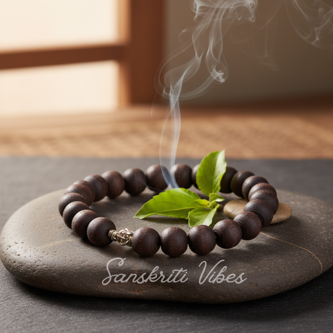 Natural Dark Brown Shyama Tulsi Beads Handmade Bracelet – Spiritual and Authentic Jewelry