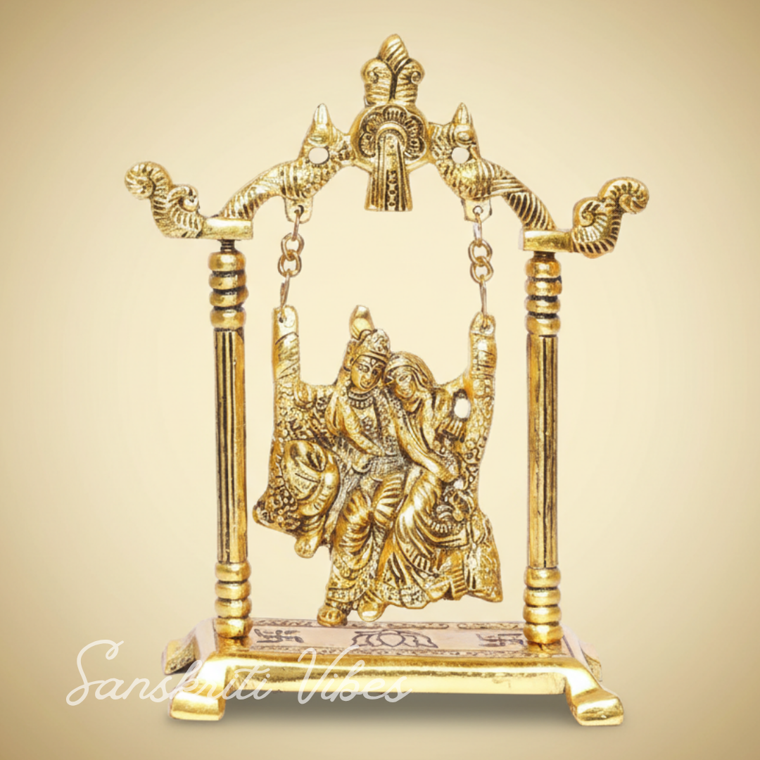 Radha Krishna on Swing Jhula Gold Plated Metal Statue for Home Decor Spiritual Decorative Showpiece