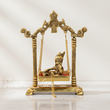 Laddu Gopal Jhula Palana Metal Statue – Gold-Plated Krishna Murti for Home & Office Decor, Religious Gift Idol