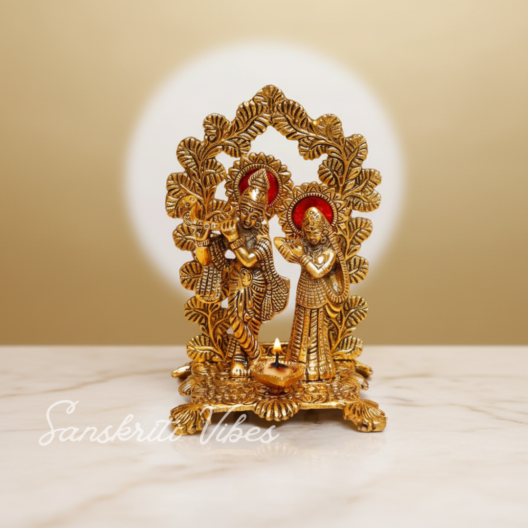 Radha Krishna Standing Playing Flute Metal Statue Gold Antique Finish for Pooja Room Home Decor Spiritual Showpiece