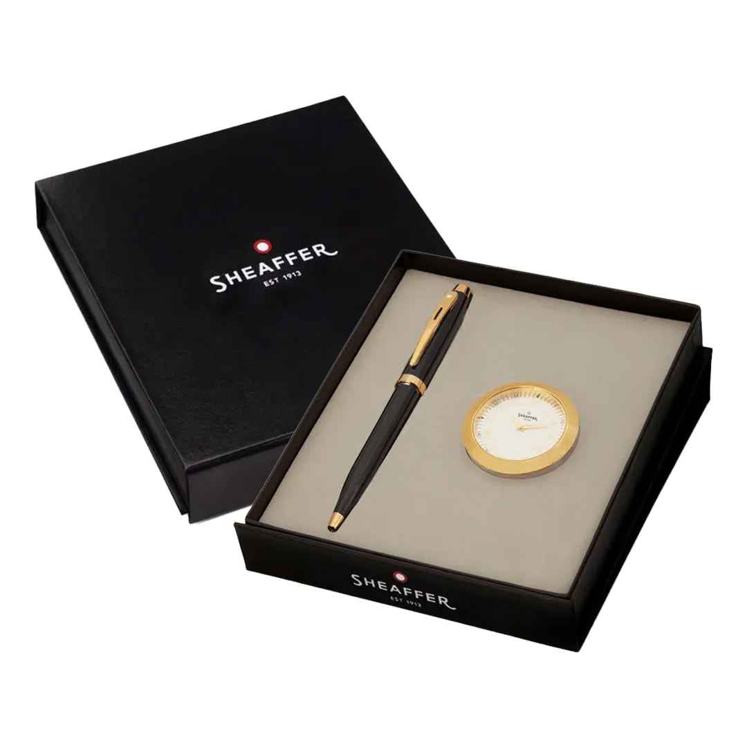 Sheaffer 100 Ballpoint Pen and Table Clock Gift Set Glossy Black Gold ...