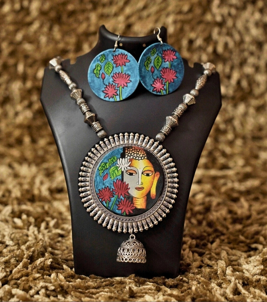 Divine Bloom Buddha Pendant Set – Hand-Painted Spiritual Necklace and Earrings