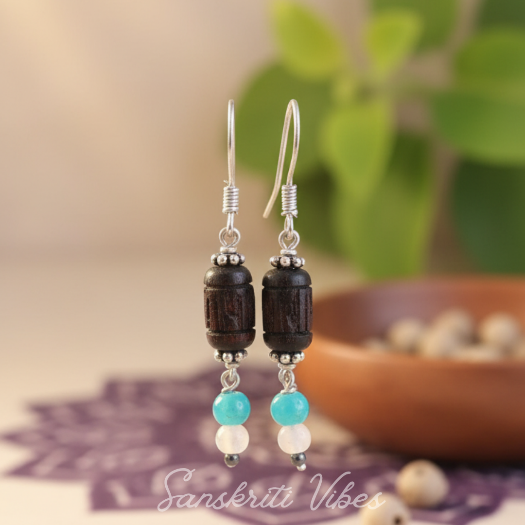Handmade Beautifully Designed Radha Carved Tulsi Earrings – Divine Spiritual Jewelry