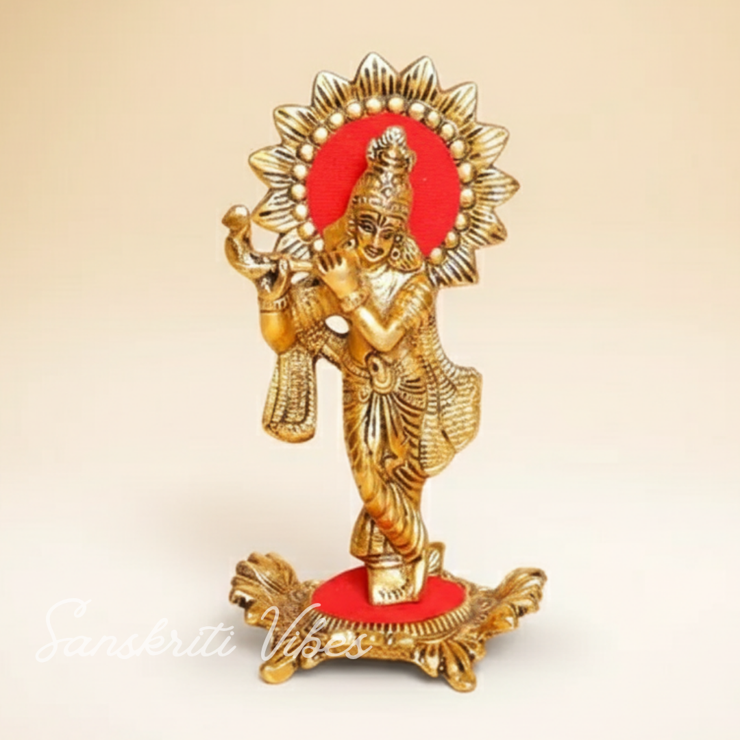 Handcrafted Lord Krishna Standing Playing Flute Gold Statue for Pooja Room and Home Decoration Aluminium Glossy Finish Idol