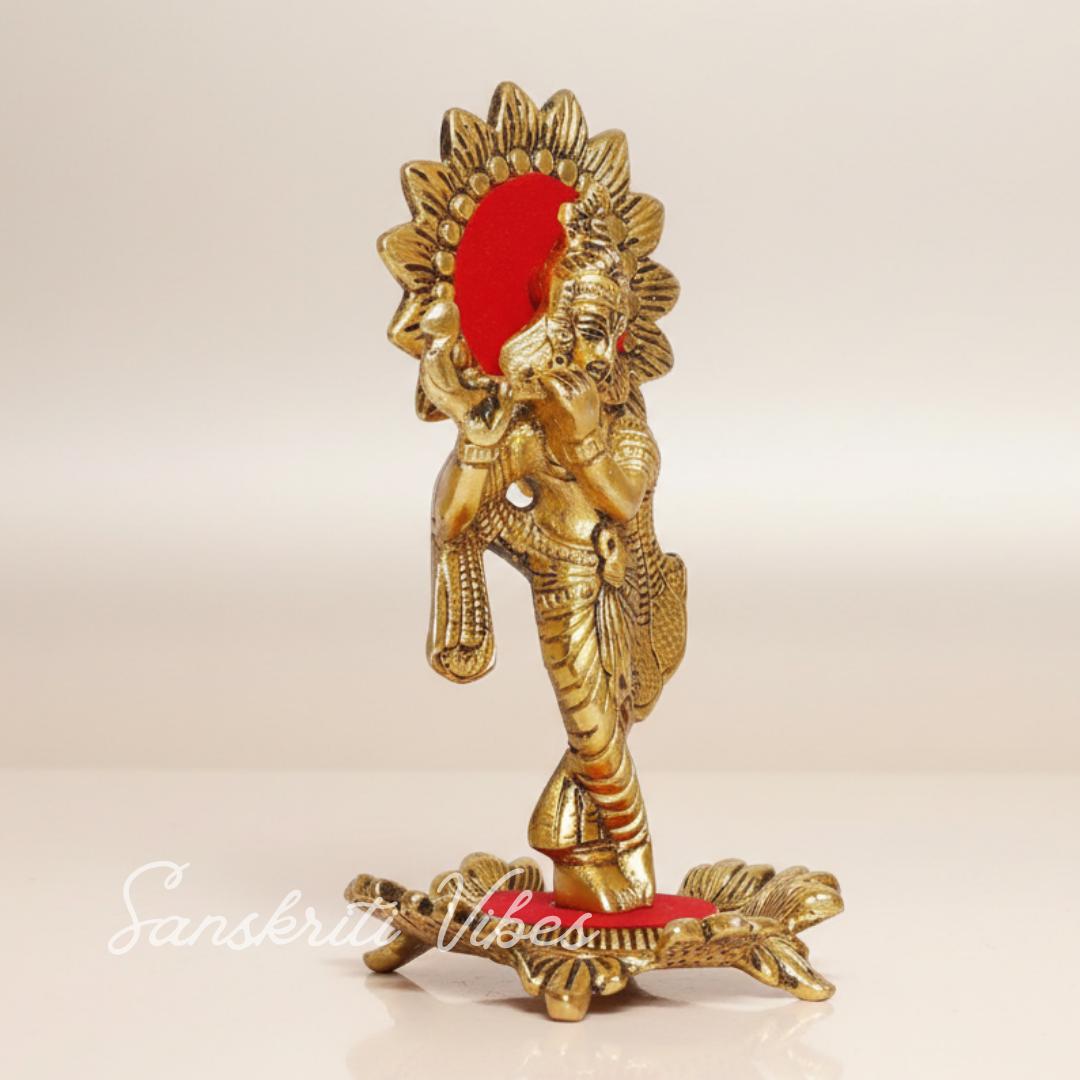 Handcrafted Lord Krishna Standing Playing Flute Gold Statue for Pooja Room and Home Decoration Aluminium Glossy Finish Idol